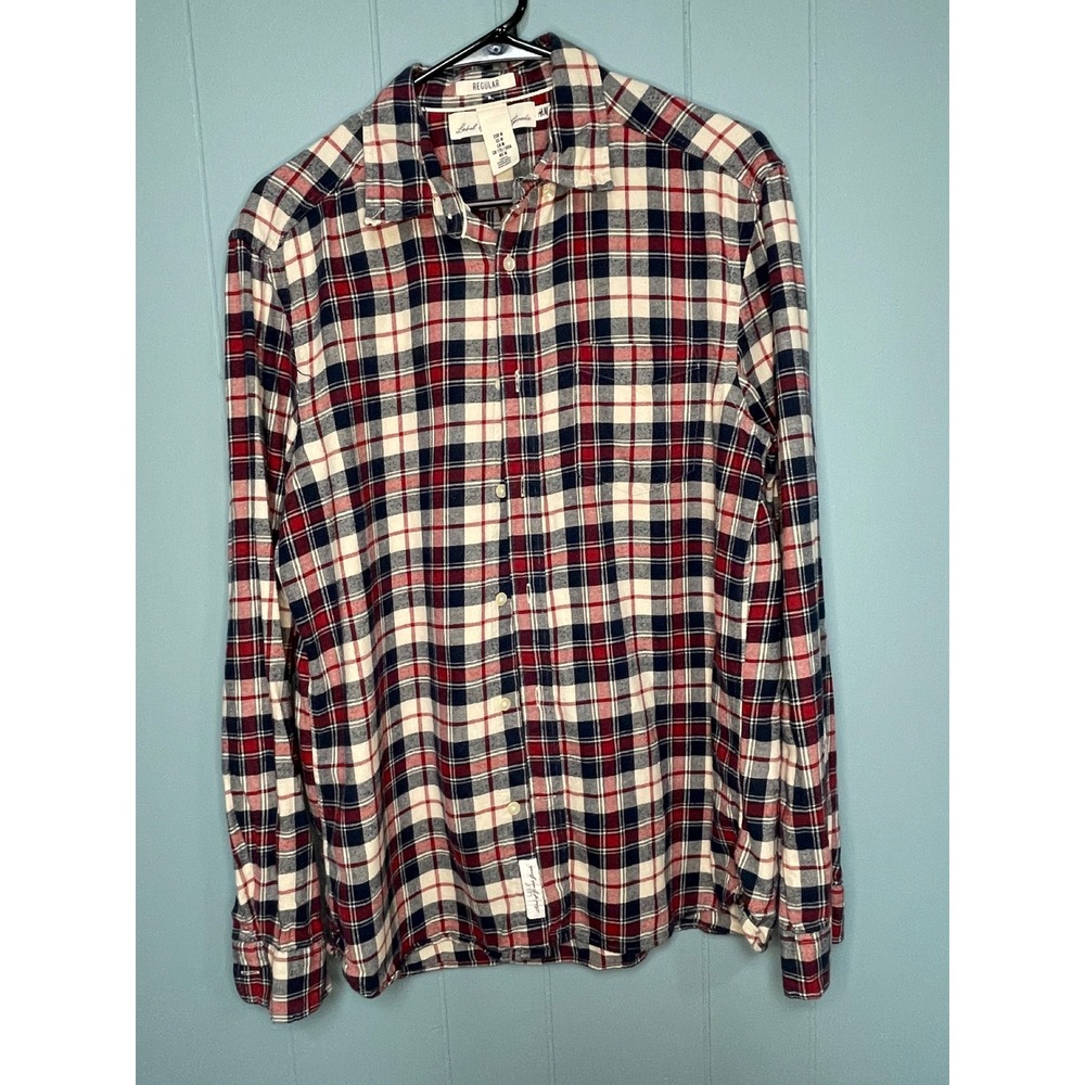H&M LOGG Plaid Flannel Button Down Shirt Mens Medium Red Blue Excellent Regular